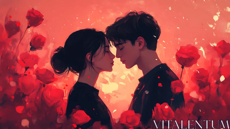 Two Hearts Blooming Together Among Crimson Roses.