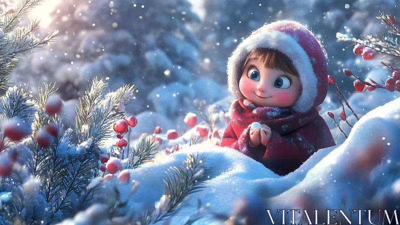 Child in red winter coat among snow-covered berry shrubs.