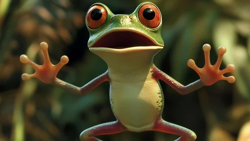 Expressive cartoon tree frog with wide eyes in jungle light.