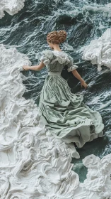 Seagrass dress drifts as sculpted waves braid around her