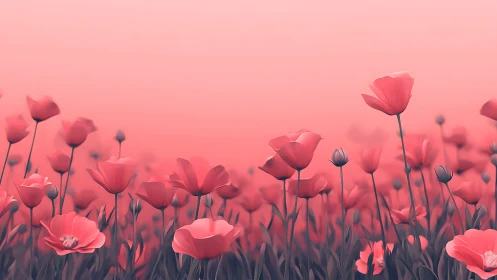 Monochromatic poppy field rendered with soft depth-of-field gradients