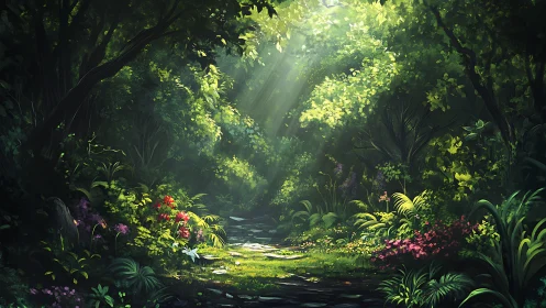 Enchanted Forest Path with Radiant Canopy Light.