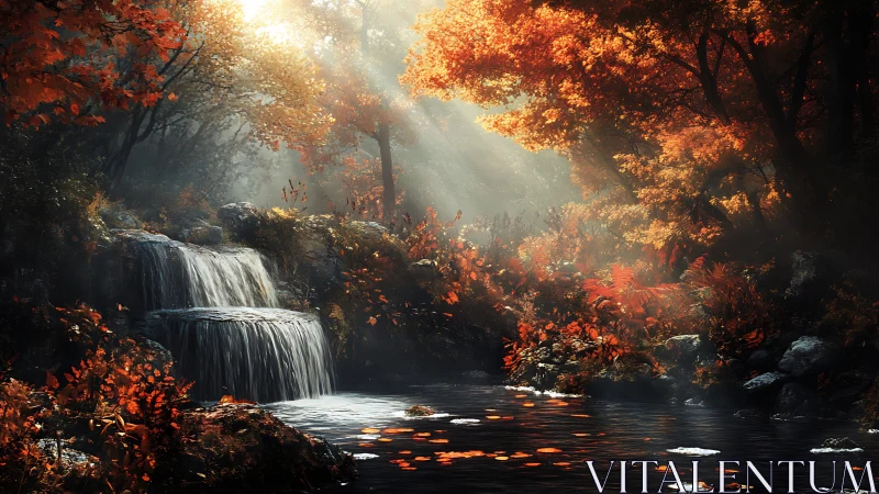 Autumn woodland cascade rendered in high-detail digital painting