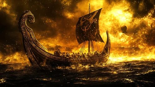 Viking longship charging through infernal golden surf.