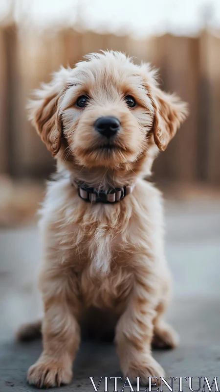 Soft golden puppy sitting bright-eyed in gentle sunlight.