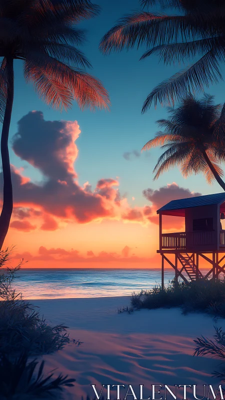 Coastal stilt cabin under volumetric sunset sky gradients.