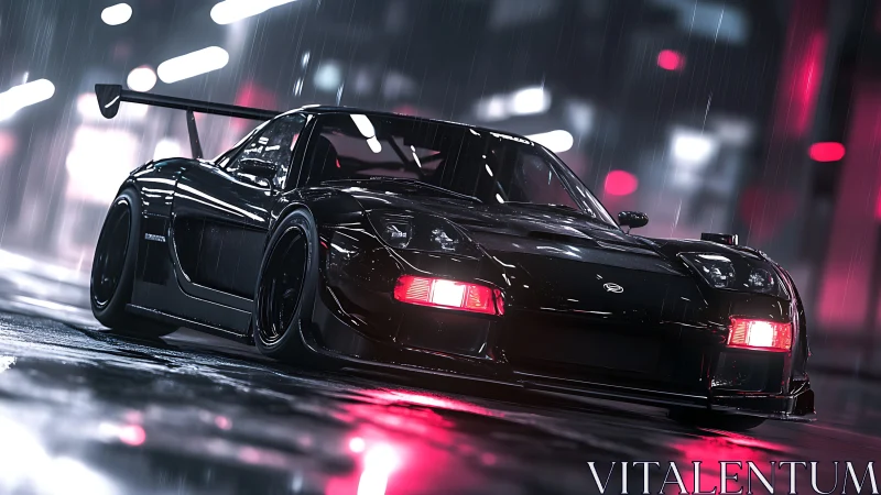 Aerodynamic black race car under neon rain with reflective wet asphalt