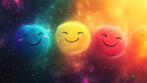 Colored spherical faces float in a nebula-filled space