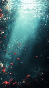 Sunlit abyss with crimson fish in lush aquatic garden.