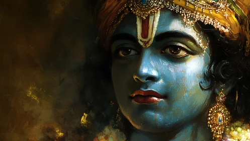 Digital painting portrait of blue-skinned deity with jeweled crown.