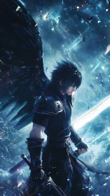 Winged swordsman amid shattered celestial stormlight.