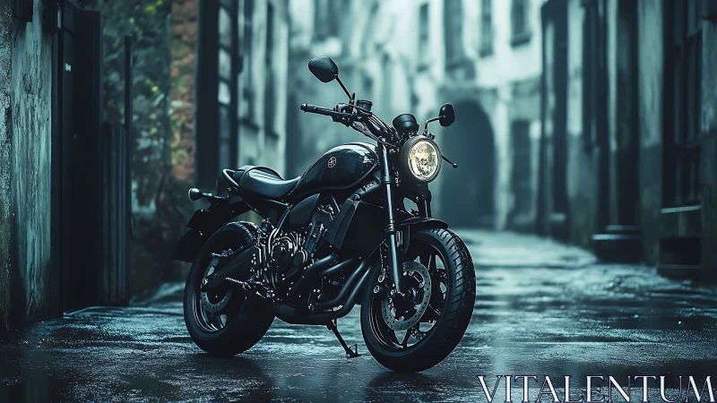 Photorealistic cafe racer motorcycle in misty urban alleyway.