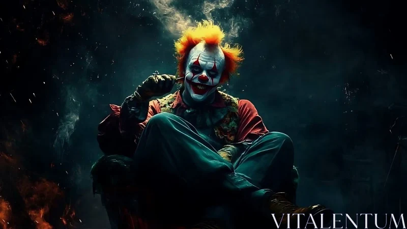 Sinister carnival jester lounging in smoke and embers.