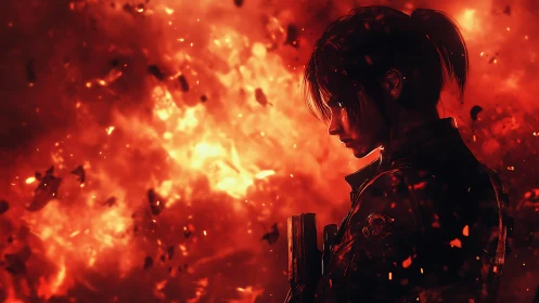 Soldier Silhouette Against Inferno. Combat Ready.