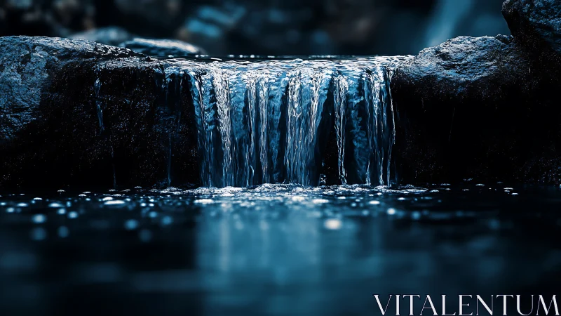 Gentle waterfall spills into a calm, reflective blue pool