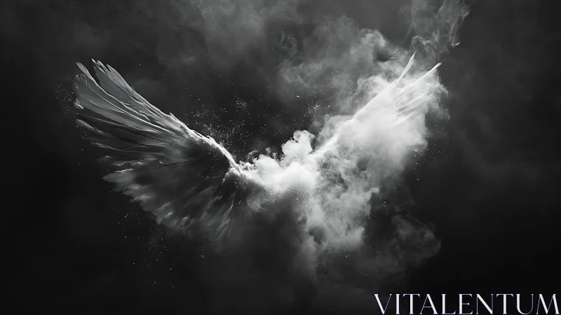 White feathered wings dispersed in dense monochrome smoke.