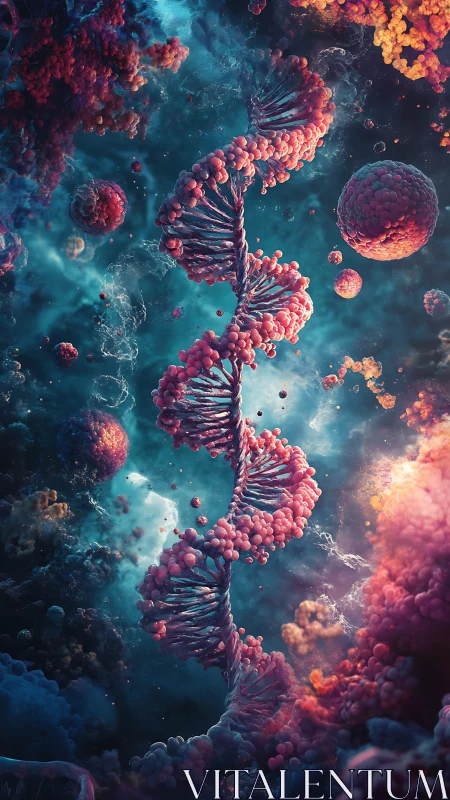 Spiral DNA helix glows within cosmic bio-luminescent cloud.