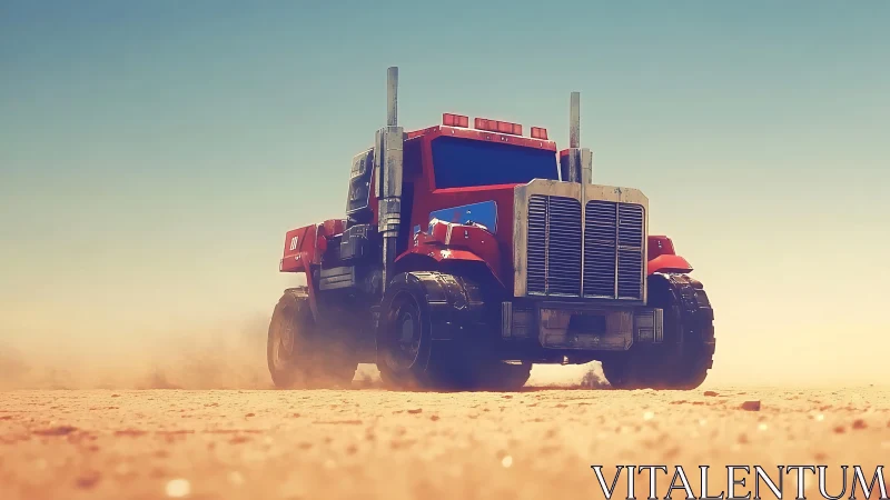 Red offroad semi truck powers through dusty desert plain