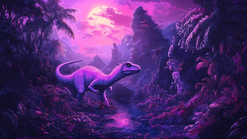 Gentle purple dinosaur wandering through a glowing moonlit valley.