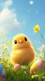 Fluffy spring chick basking among flowers and painted eggs.