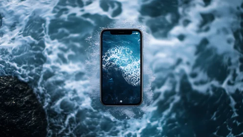 Smartphone floats over turbulent ocean blending screen and sea