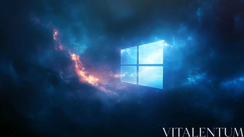 Windows-style lighted window logo in deep blue nebula.