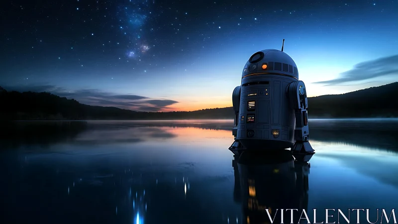 Friendly little droid watching stars over a quiet lakeshore.