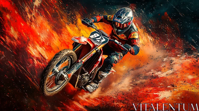Motocross rider leans into high-speed turn amid fiery particle spray