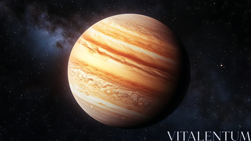 Storm-swirled gas giant drifts in jeweled starfield silence.