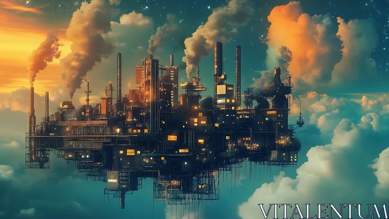 Floating industrial refinery platform emits smoke above clouds