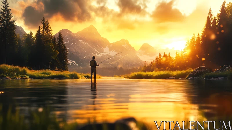 Fly fisher silhouetted in alpine river at golden hour sunrise