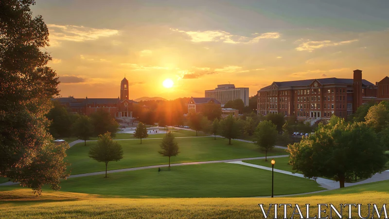 Sunlit collegiate quad with red-brick architecture at dusk.