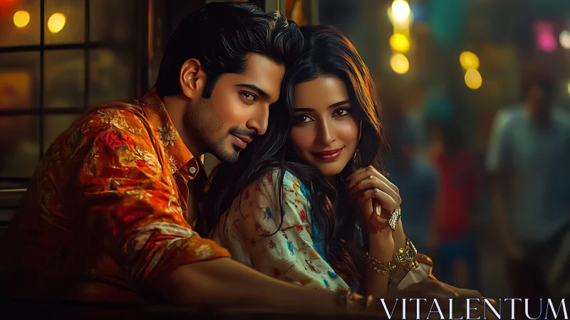 Ornate Silks and Urban Luminescence: Intimate Portrait Composition.