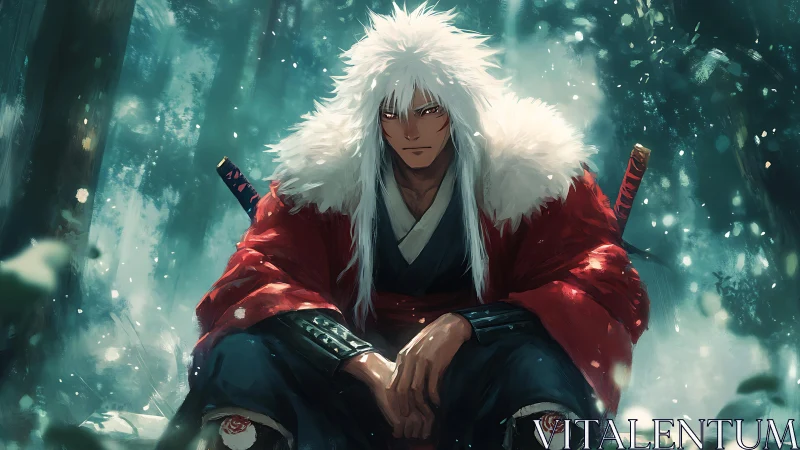 Stoic white haired warrior resting in a quiet winter forest.