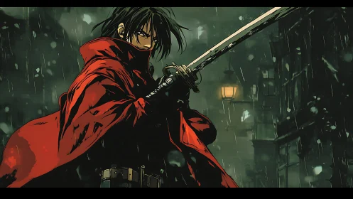 Sword wielding warrior in red coat in rainy city street.