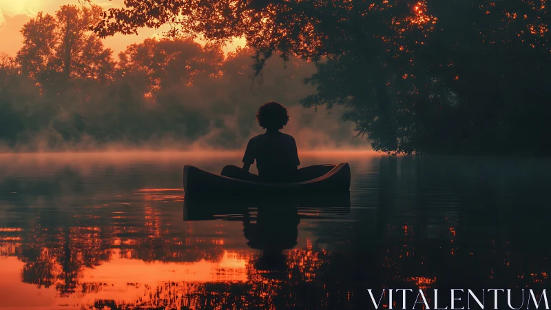 Solitary canoeist drifts through misty lake at fiery sunset.