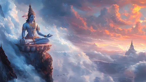 Sky-borne meditative deity poised above stratified cloud seas.