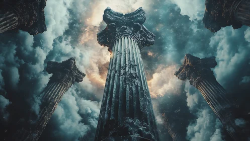 Ancient stone columns rise into stormy cosmic sky.