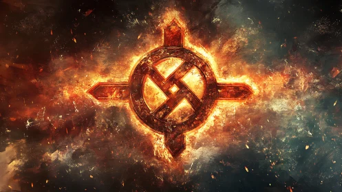 Fiery glowing emblem blazing against a stormy dark sky.