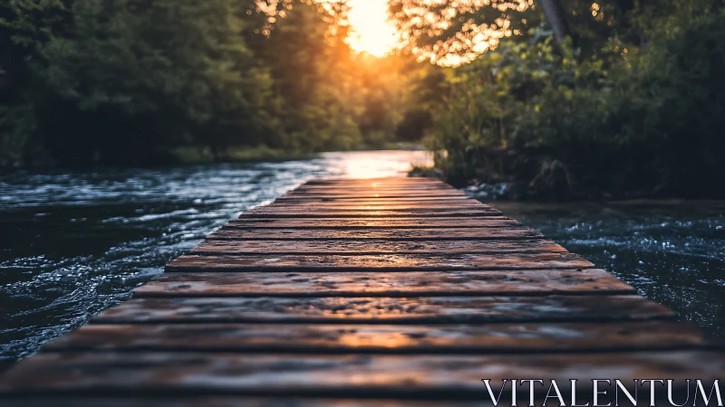 Rustic river footbridge in warm golden sunset glow.