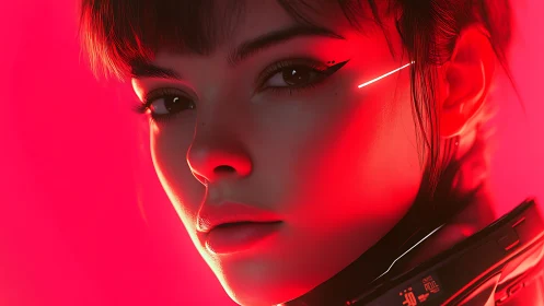 Neon-lit cyberpunk portrait of woman in intense red glow.