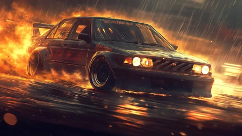 Turbocharged drift sedan cuts through rain with dynamic fire effects