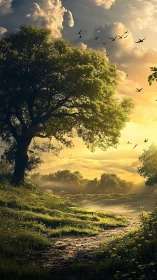 Golden hour woodland path under sprawling oak canopy at dawn