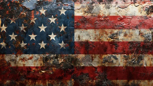 Tattered American flag etched in rust and stubborn memory.