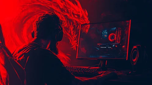 Backlit gamer silhouette faces red dragon-shaped digital vortex