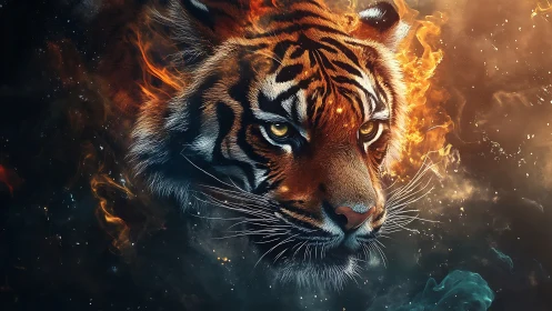 Stellar flame tiger emerging from cosmic dusk and embers.