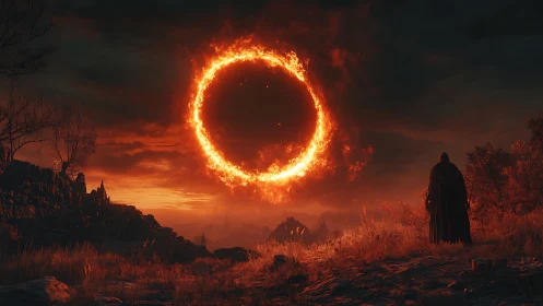 Fiery circular portal dominates a dusk landscape with figure