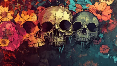 Bold skulls and wildflowers share a vivid, haunting harmony