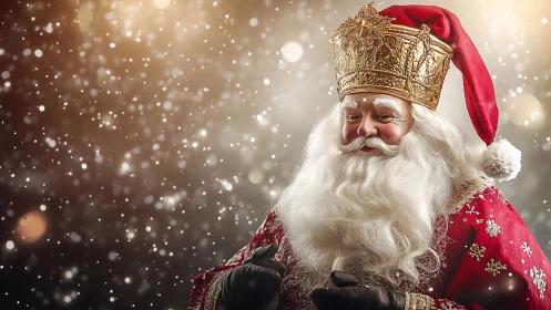 Santa Claus portrait in ornate crown against snowfall background.