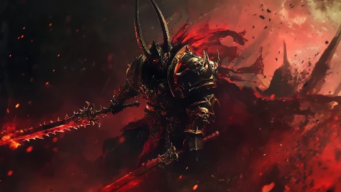 Infernal warlord with bifurcated flame blades in chaos storm.